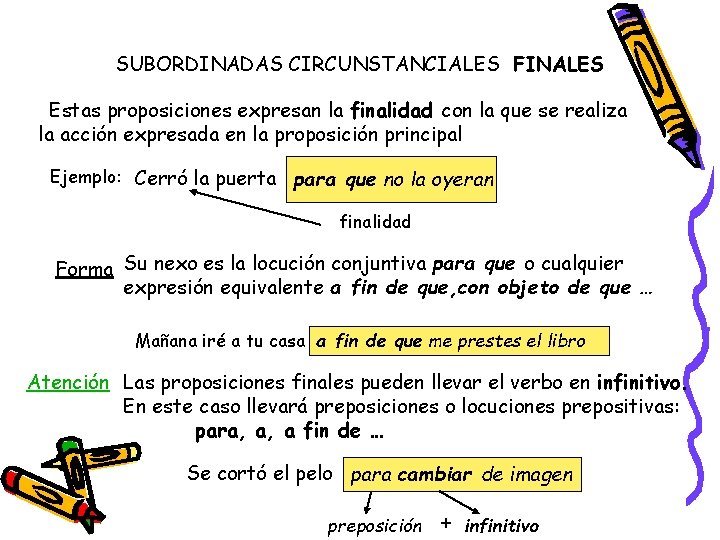 SUBORDINADAS CIRCUNSTANCIALES FINALES Estas proposiciones expresan la finalidad con la que se realiza la