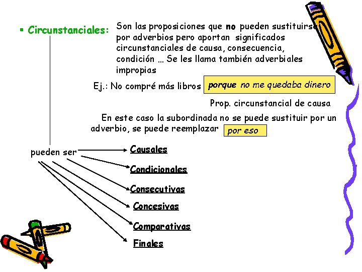 § Circunstanciales: Son las proposiciones que no pueden sustituirse por adverbios pero aportan significados