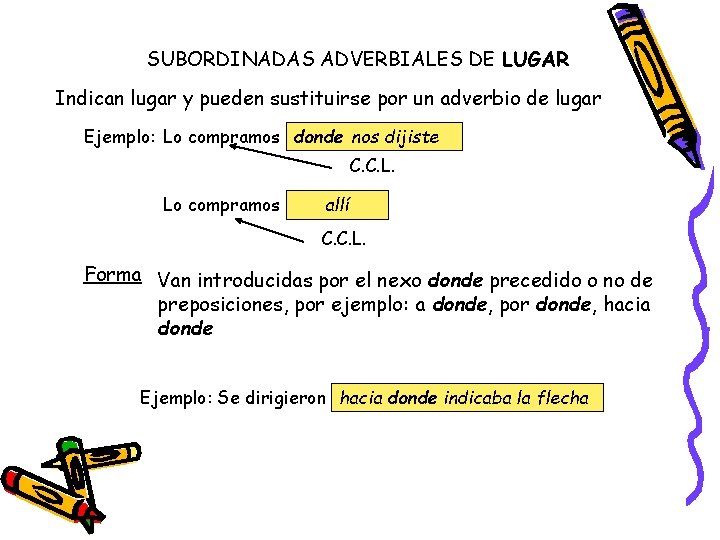 SUBORDINADAS ADVERBIALES DE LUGAR Indican lugar y pueden sustituirse por un adverbio de lugar