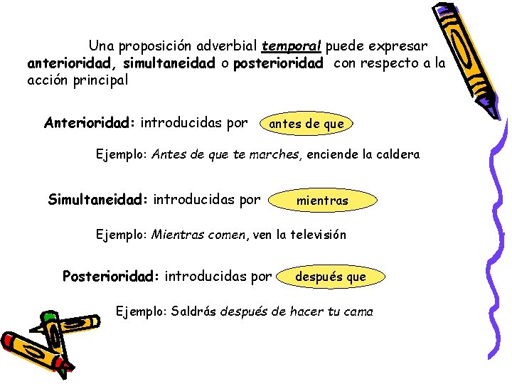 Una proposición adverbial temporal puede expresar anterioridad, simultaneidad o posterioridad con respecto a la