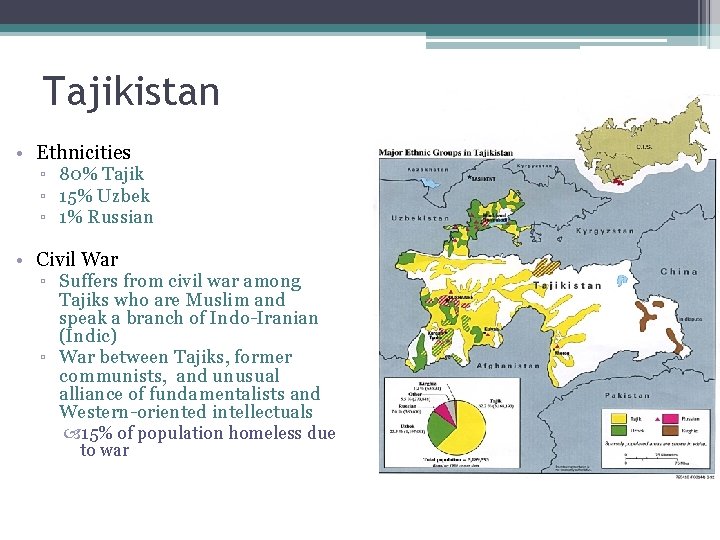 Tajikistan • Ethnicities ▫ 80% Tajik ▫ 15% Uzbek ▫ 1% Russian • Civil