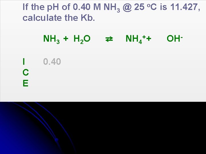 If the p. H of 0. 40 M NH 3 @ 25 o. C