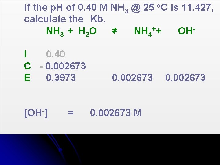 If the p. H of 0. 40 M NH 3 @ 25 o. C