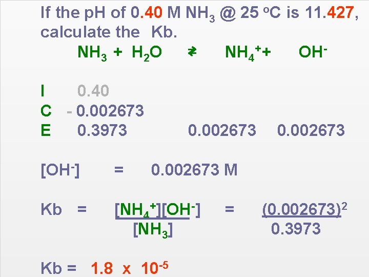 If the p. H of 0. 40 M NH 3 @ 25 o. C