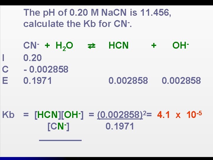 The p. H of 0. 20 M Na. CN is 11. 456, calculate the