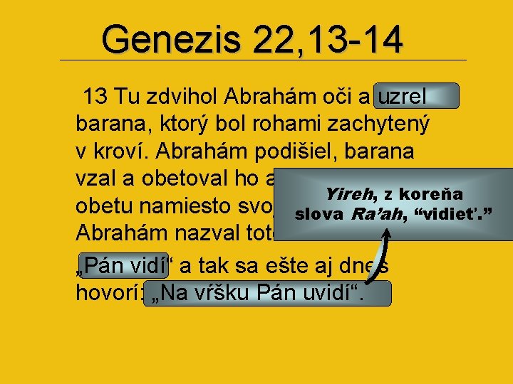 Genezis 22, 13 -14 13 Tu zdvihol Abrahám oči a uzrel barana, ktorý bol