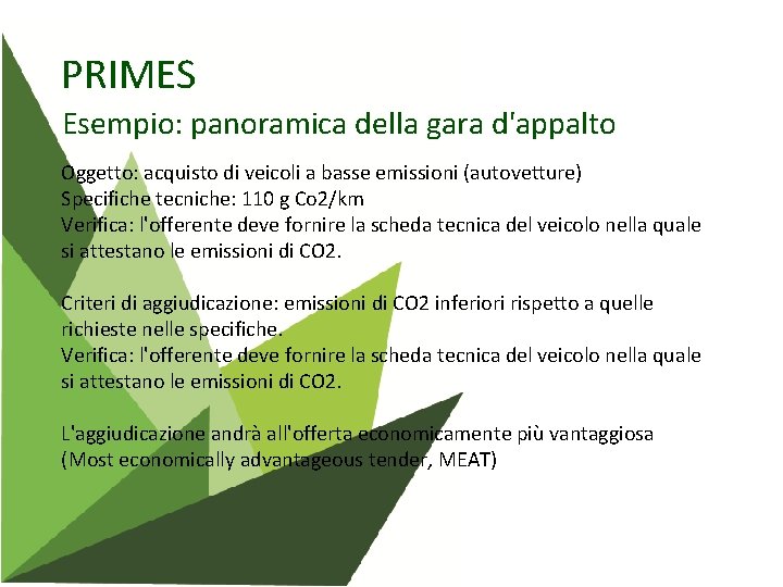 PRIMES Esempio: panoramica della gara d'appalto Oggetto: acquisto di veicoli a basse emissioni (autovetture)