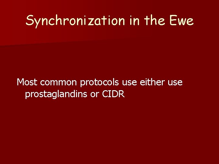 Synchronization in the Ewe Most common protocols use either use prostaglandins or CIDR 