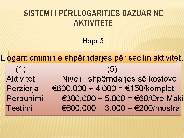 SISTEMI I PËRLLOGARITJES BAZUAR NË AKTIVITETE Hapi 5 Llogarit çmimin e shpërndarjes për secilin