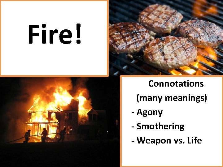 Fire! Connotations (many meanings) - Agony - Smothering - Weapon vs. Life 