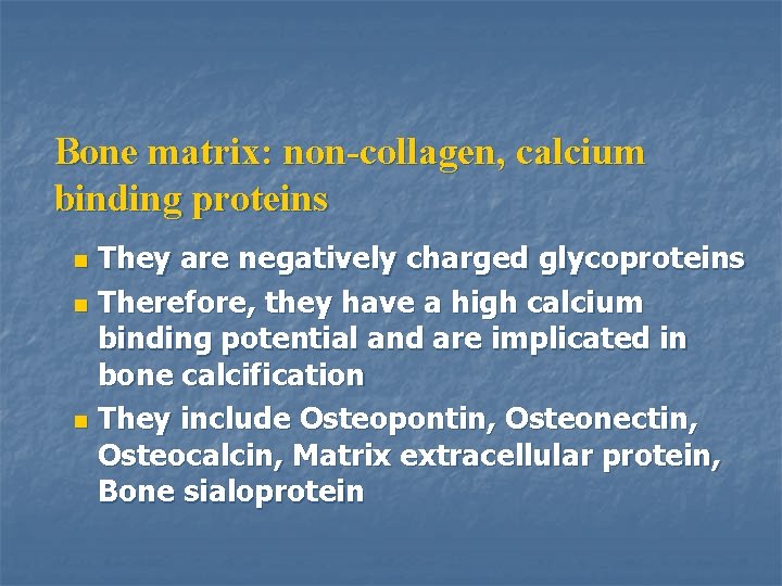 Bone matrix: non-collagen, calcium binding proteins They are negatively charged glycoproteins n Therefore, they