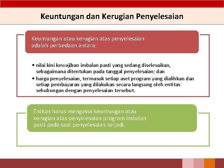 Keuntungan dan Kerugian Penyelesaian Keuntungan atau kerugian atas penyelesaian adalah perbedaan antara: • nilai