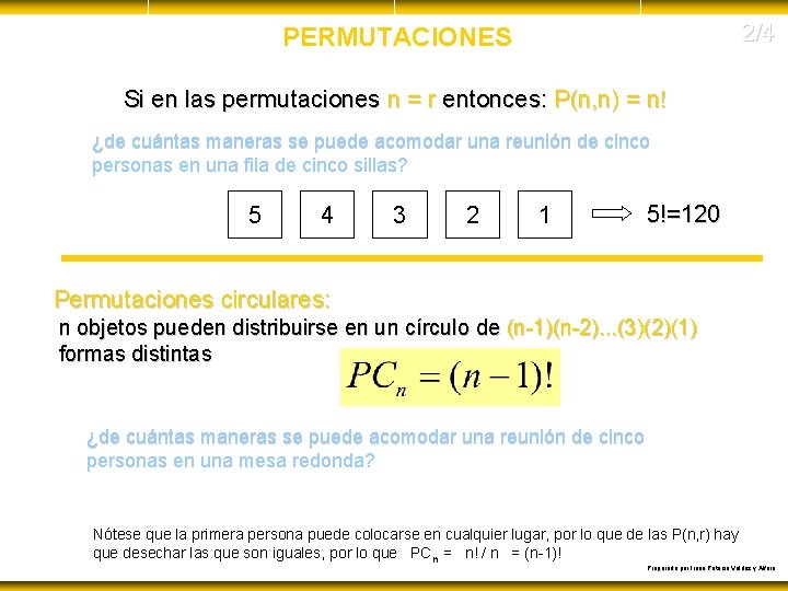 2/4 PERMUTACIONES Si en las permutaciones n = r entonces: P(n, n) = n!