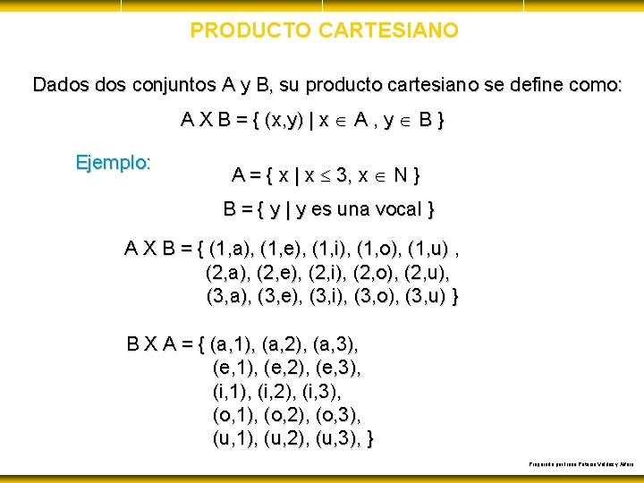 PRODUCTO CARTESIANO Dados conjuntos A y B, su producto cartesiano se define como: A