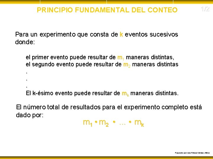 PRINCIPIO FUNDAMENTAL DEL CONTEO 1/2 Para un experimento que consta de k eventos sucesivos