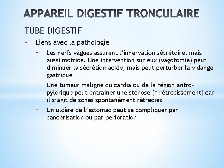 TUBE DIGESTIF - Liens avec la pathologie - Les nerfs vagues assurent l’innervation sécrétoire,