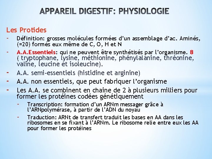 Les Protides - - Définition: grosses molécules formées d’un assemblage d’ac. Aminés, (=20) formés