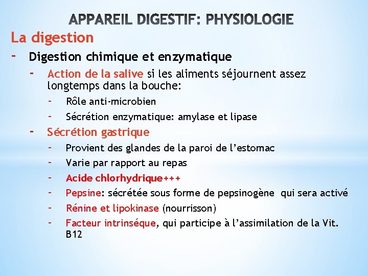 La digestion - Digestion chimique et enzymatique - - Action de la salive si