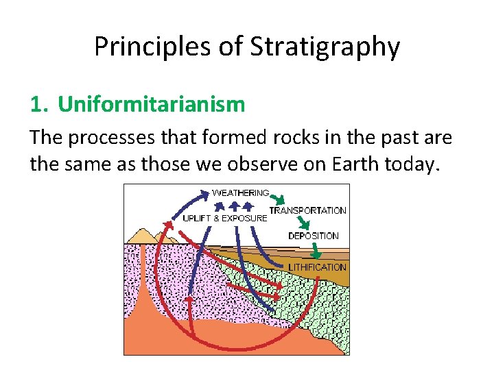 Principles of Stratigraphy 1. Uniformitarianism The processes that formed rocks in the past are