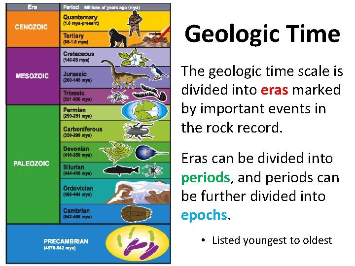 Geologic Time The geologic time scale is divided into eras marked by important events