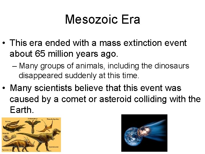 Mesozoic Era • This era ended with a mass extinction event about 65 million