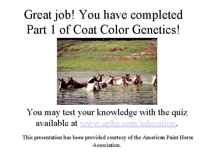 Great job! You have completed Part 1 of Coat Color Genetics! You may test