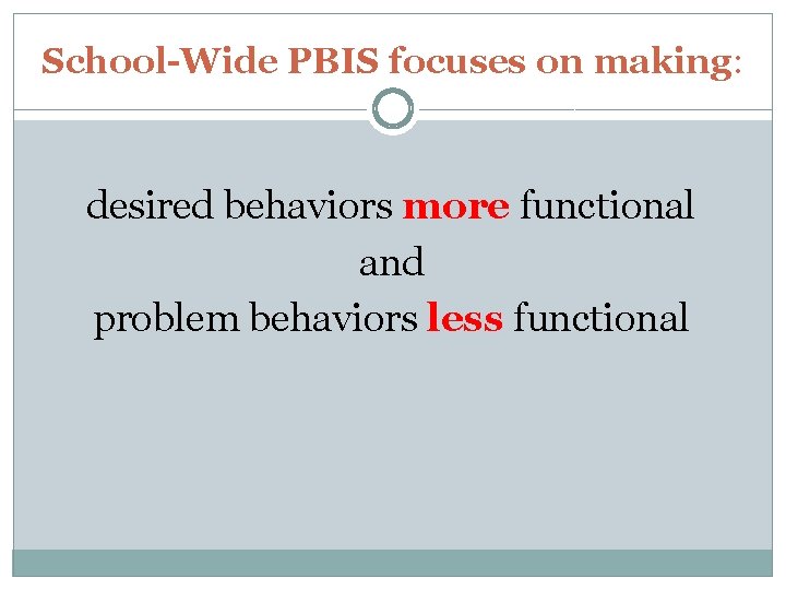 School-Wide PBIS focuses on making: desired behaviors more functional and problem behaviors less functional School-Wide PBIS focuses on making: desired behaviors more functional and problem behaviors less functional