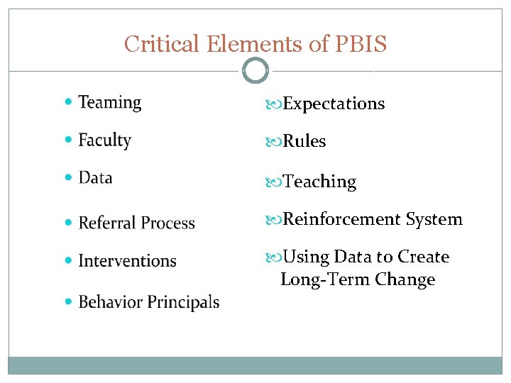 Critical Elements of PBIS Expectations Rules Teaching Reinforcement System Using Data to Create Long-Term