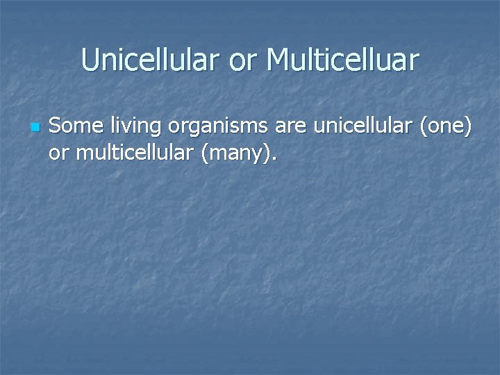 Unicellular or Multicelluar n Some living organisms are unicellular (one) or multicellular (many). 