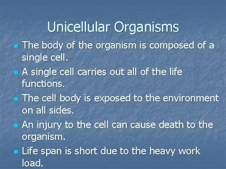 Unicellular Organisms n n n The body of the organism is composed of a