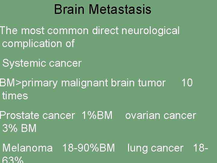 Brain Metastasis The most common direct neurological complication of Systemic cancer BM>primary malignant brain