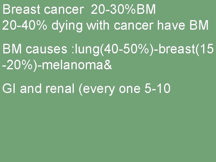 Breast cancer 20 -30%BM 20 -40% dying with cancer have BM BM causes :