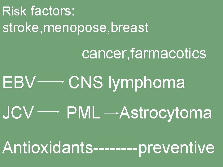 Risk factors: stroke, menopose, breast cancer, farmacotics EBV CNS lymphoma JCV PML Astrocytoma Radiation