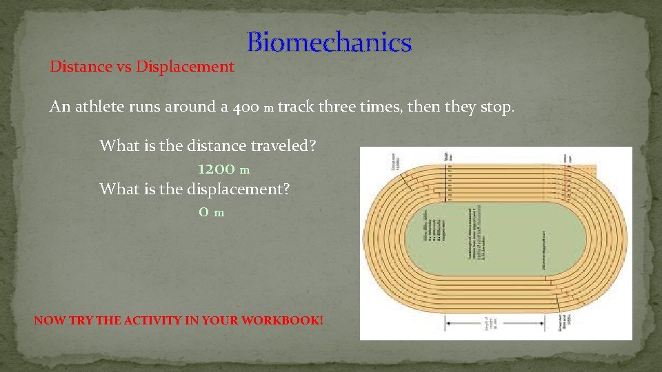 Distance vs Displacement Biomechanics An athlete runs around a 400 m track three times,