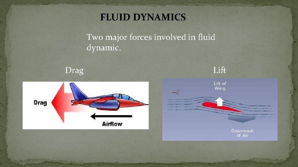 FLUID DYNAMICS Two major forces involved in fluid dynamic. Drag Lift 