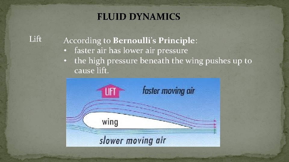 FLUID DYNAMICS Lift According to Bernoulli's Principle: • faster air has lower air pressure