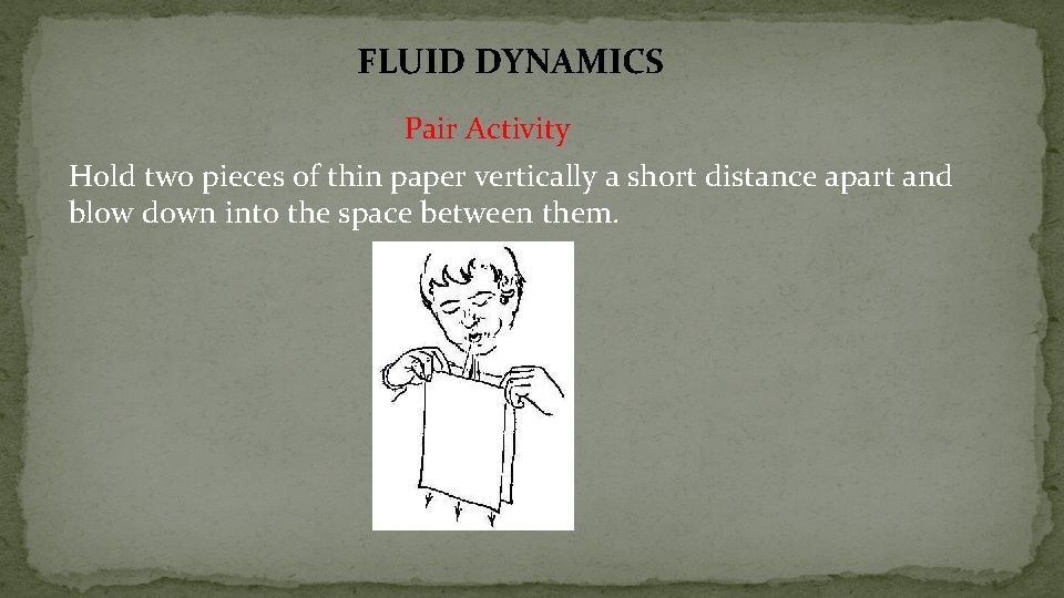 FLUID DYNAMICS Pair Activity Hold two pieces of thin paper vertically a short distance