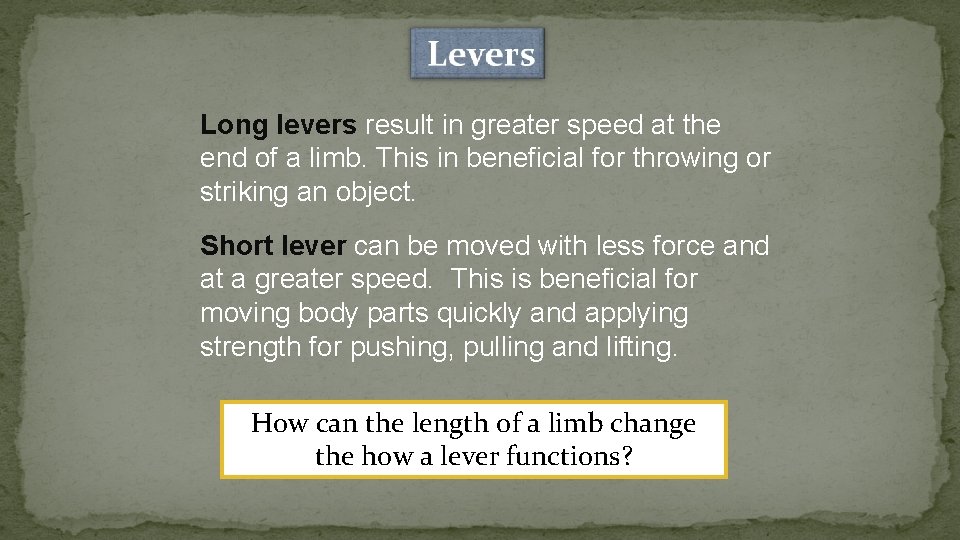 Long levers result in greater speed at the end of a limb. This in