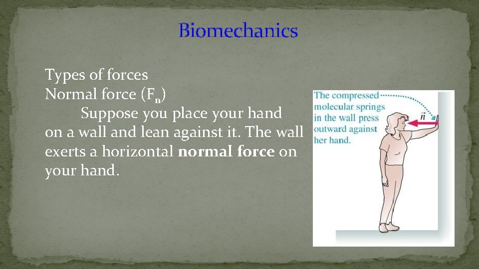 Biomechanics Types of forces Normal force (Fn) Suppose you place your hand on a
