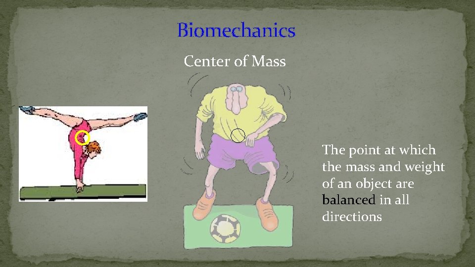 Biomechanics Center of Mass The point at which the mass and weight of an