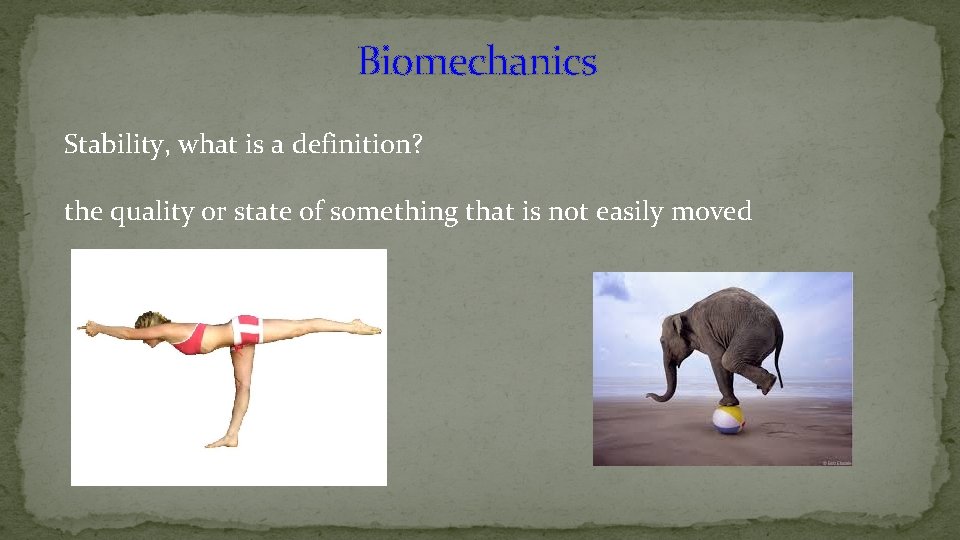 Biomechanics Stability, what is a definition? the quality or state of something that is