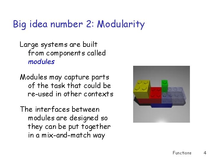 Big idea number 2: Modularity Large systems are built from components called modules Modules