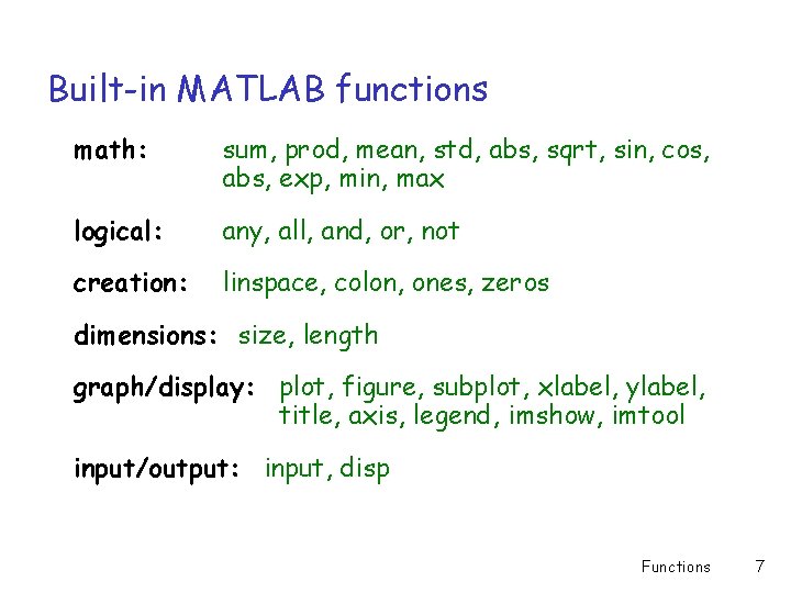 Built-in MATLAB functions math: sum, prod, mean, std, abs, sqrt, sin, cos, abs, exp,