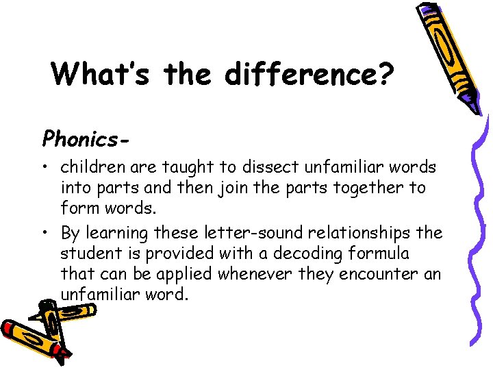 What’s the difference? Phonics • children are taught to dissect unfamiliar words into parts