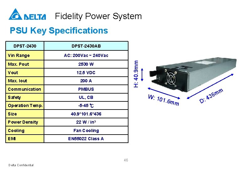 Fidelity Power System PSU Key Specifications DPST-2430 AB Vin Range AC: 200 Vac ~