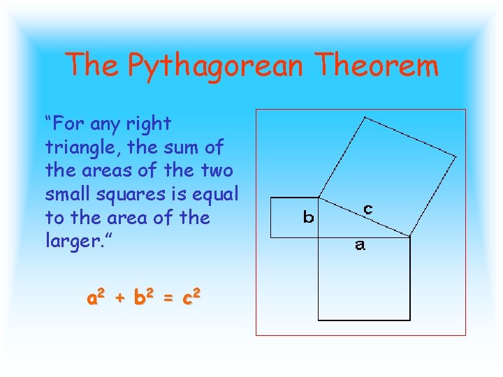 The Pythagorean Theorem “For any right triangle, the sum of the areas of the
