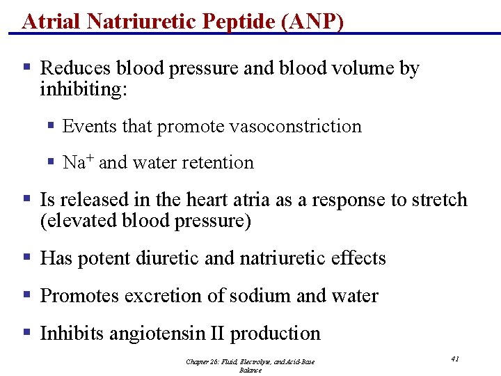 Atrial Natriuretic Peptide (ANP) § Reduces blood pressure and blood volume by inhibiting: §