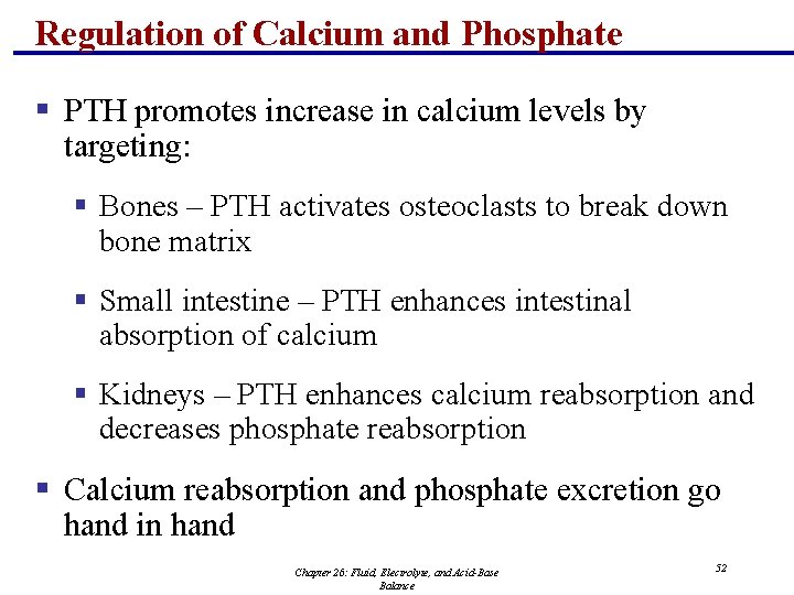 Regulation of Calcium and Phosphate § PTH promotes increase in calcium levels by targeting: