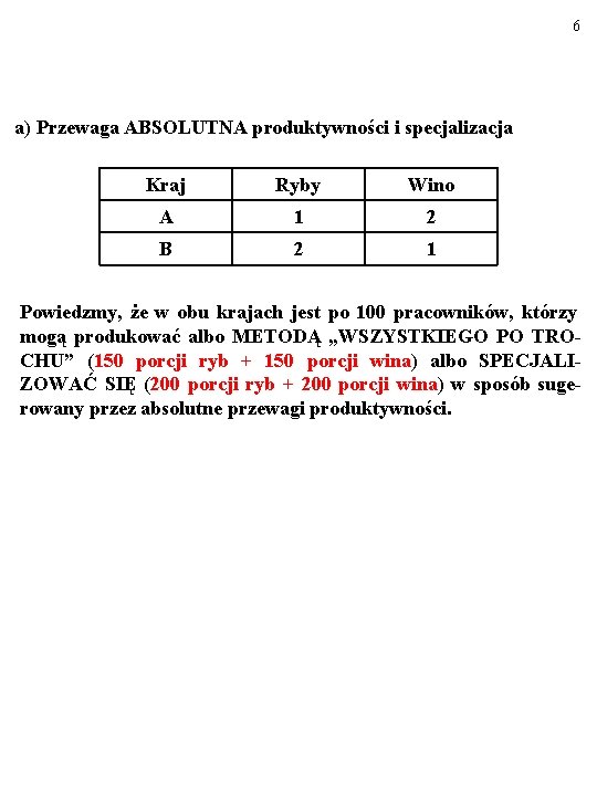 6 a) Przewaga ABSOLUTNA produktywności i specjalizacja Kraj Ryby Wino A 1 2 B