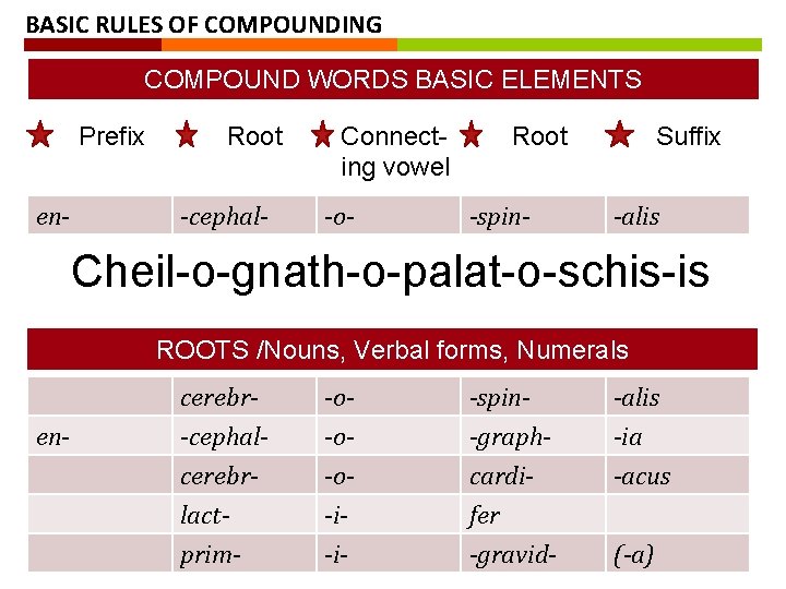 BASIC RULES OF COMPOUNDING COMPOUND WORDS BASIC ELEMENTS Prefix en- Root -cephal- Connecting vowel